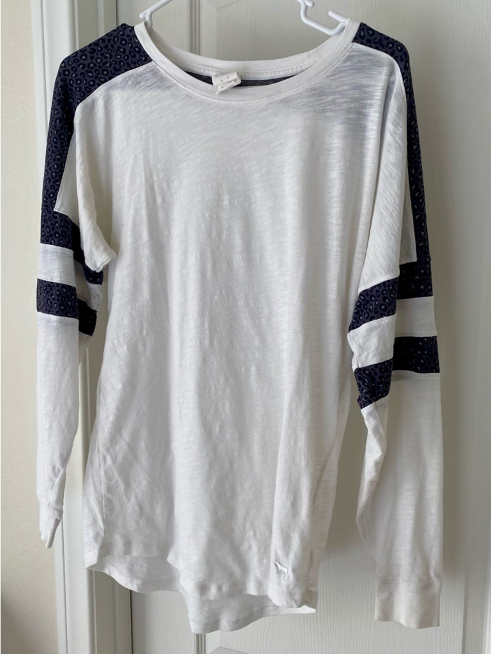 ‘PINK’ White Long Sleeve Shirt with Navy Leopard Accent